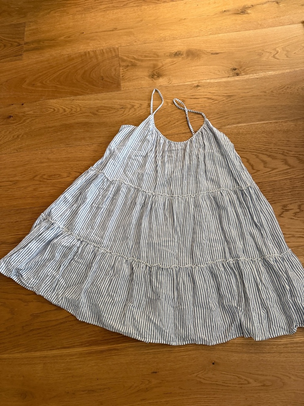 Blue and White Striped Tiered Spaghetti-Strap Casual Dress